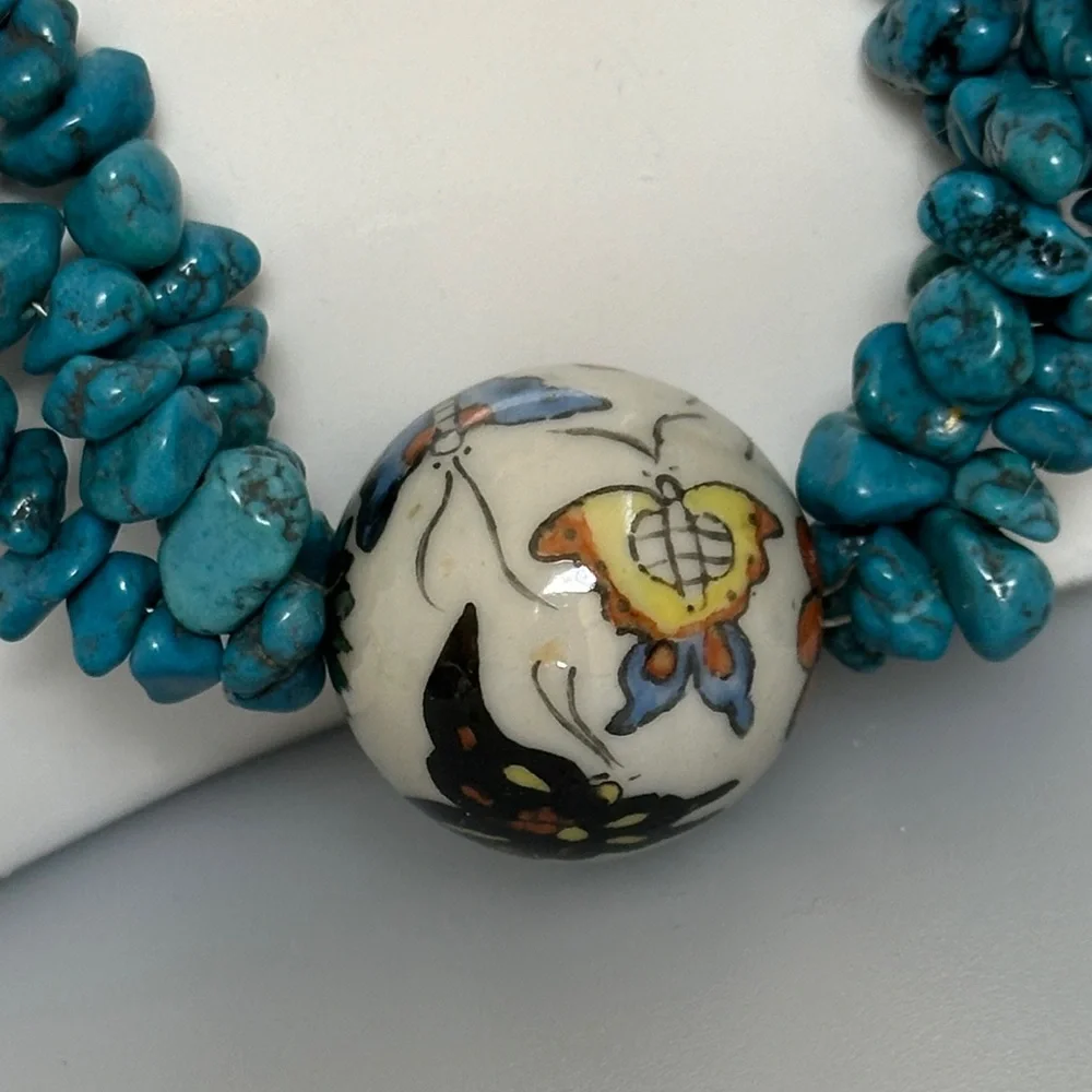 Turquoise and Cream  Coral ceramic boll Beaded Necklace
